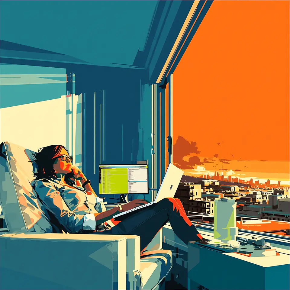 A business owner leans back on her sofa at sunset, on a call with her laptop on her lap, the city glowing through the window