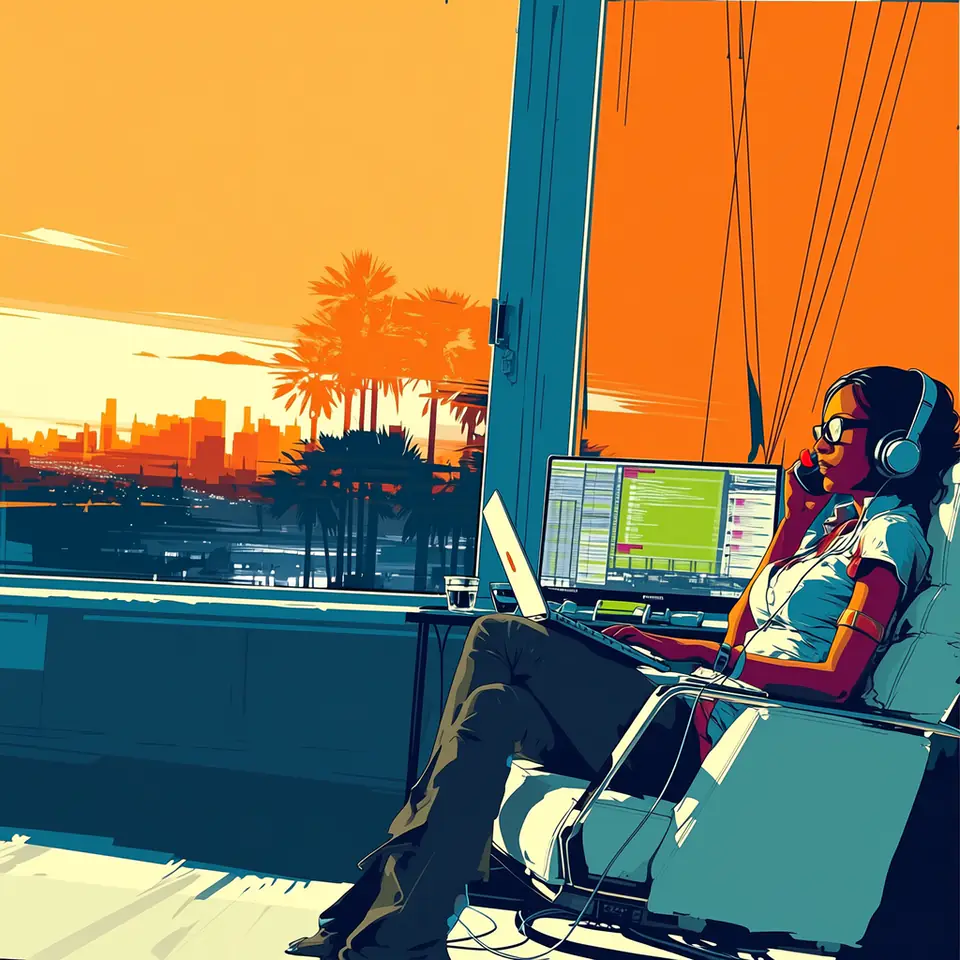 A founder in headphones leans back by the window at sunset, on a call, palm trees and the city outside and the build running on the screen beside her