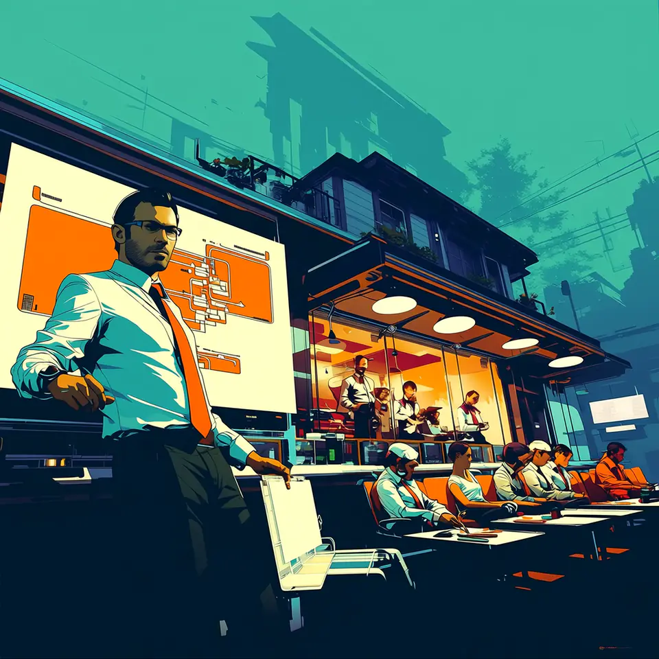 A technical lead stands at ease in front of a lit office where his team is at work