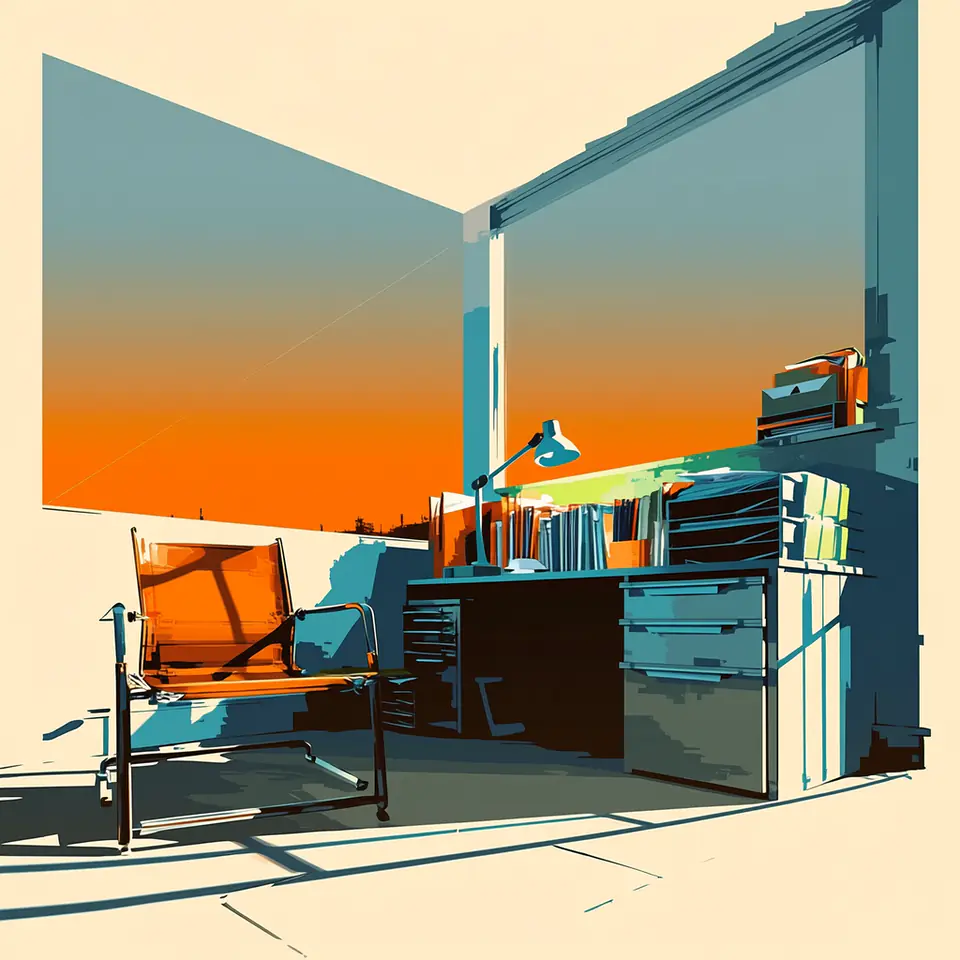 An empty desk at sunset, its orange chair pushed back and its folders filed away, nothing left waiting on it