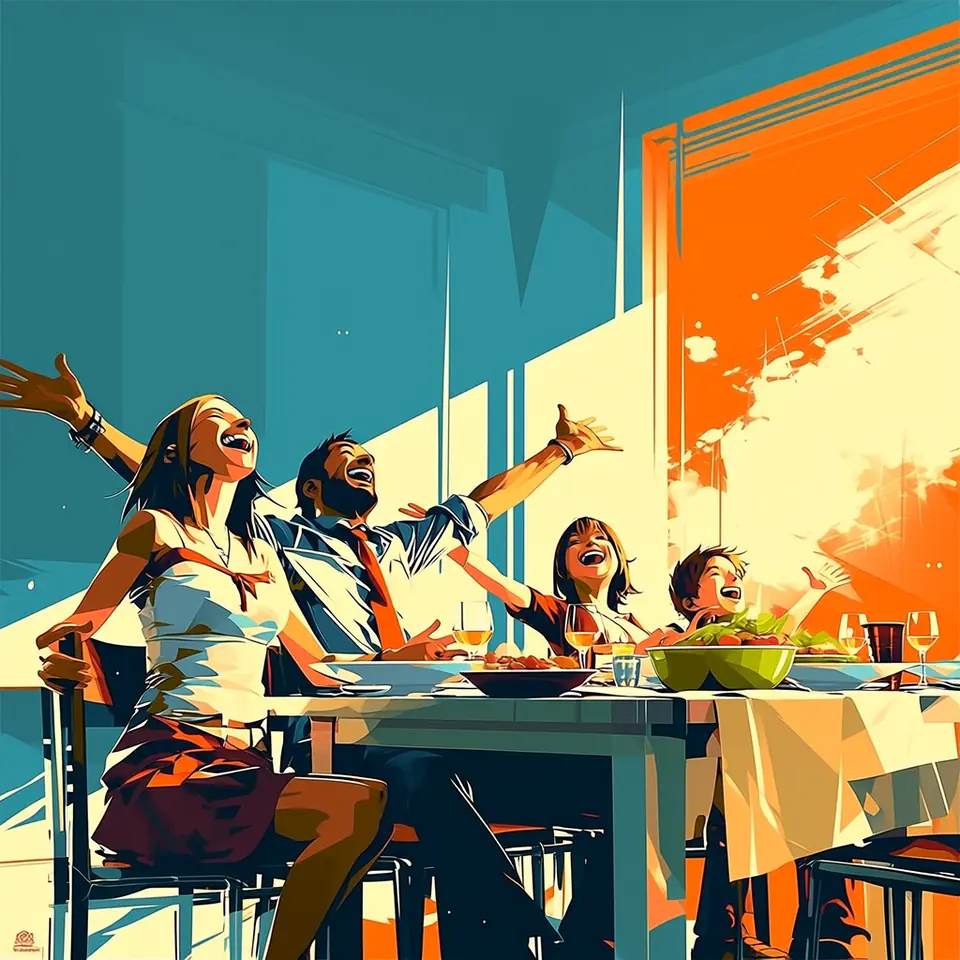 The same family at dinner in golden evening light, the mother and father laughing with their three children