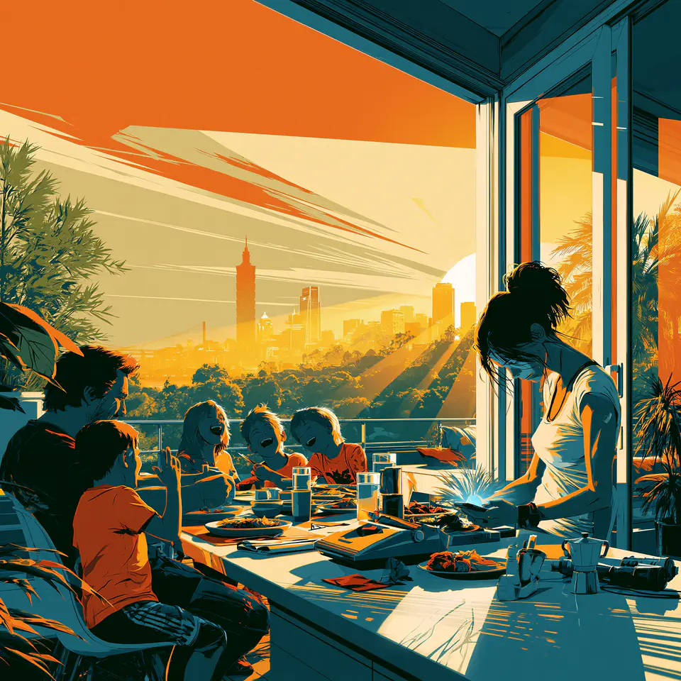 Dinner at sunset above the city: the father and the children laugh around the table while the mother stands at the end of it, head down over her glowing phone