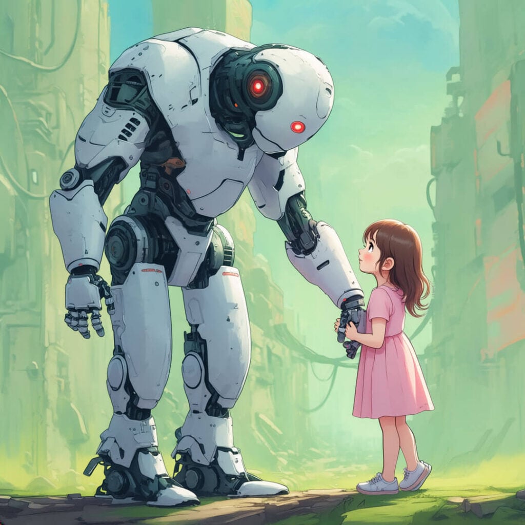 A robot guide holds the hand of a little girl